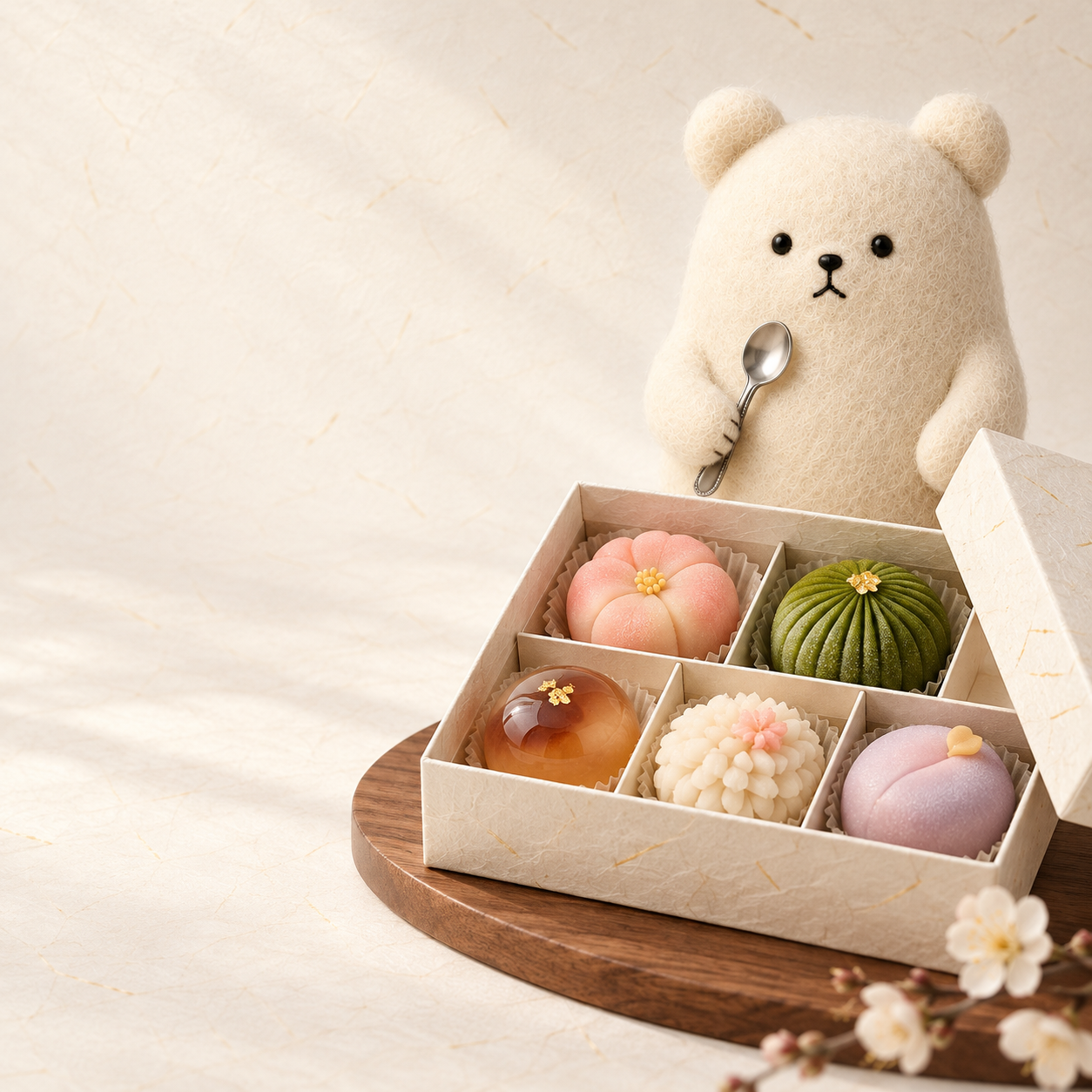 KUMA presenting a box of seasonal Japanese wagashi