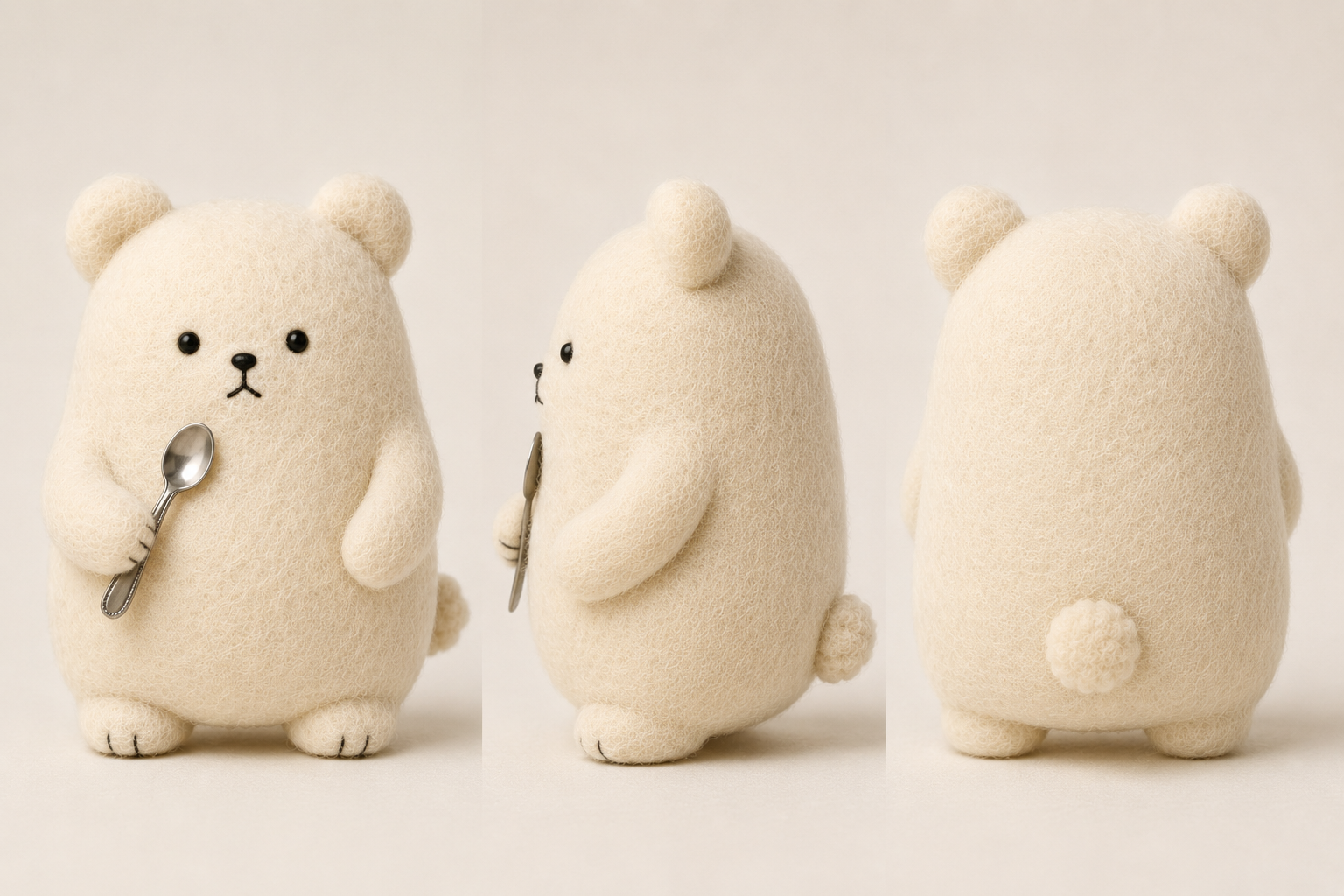 Front, side, and back views of KUMA holding a spoon