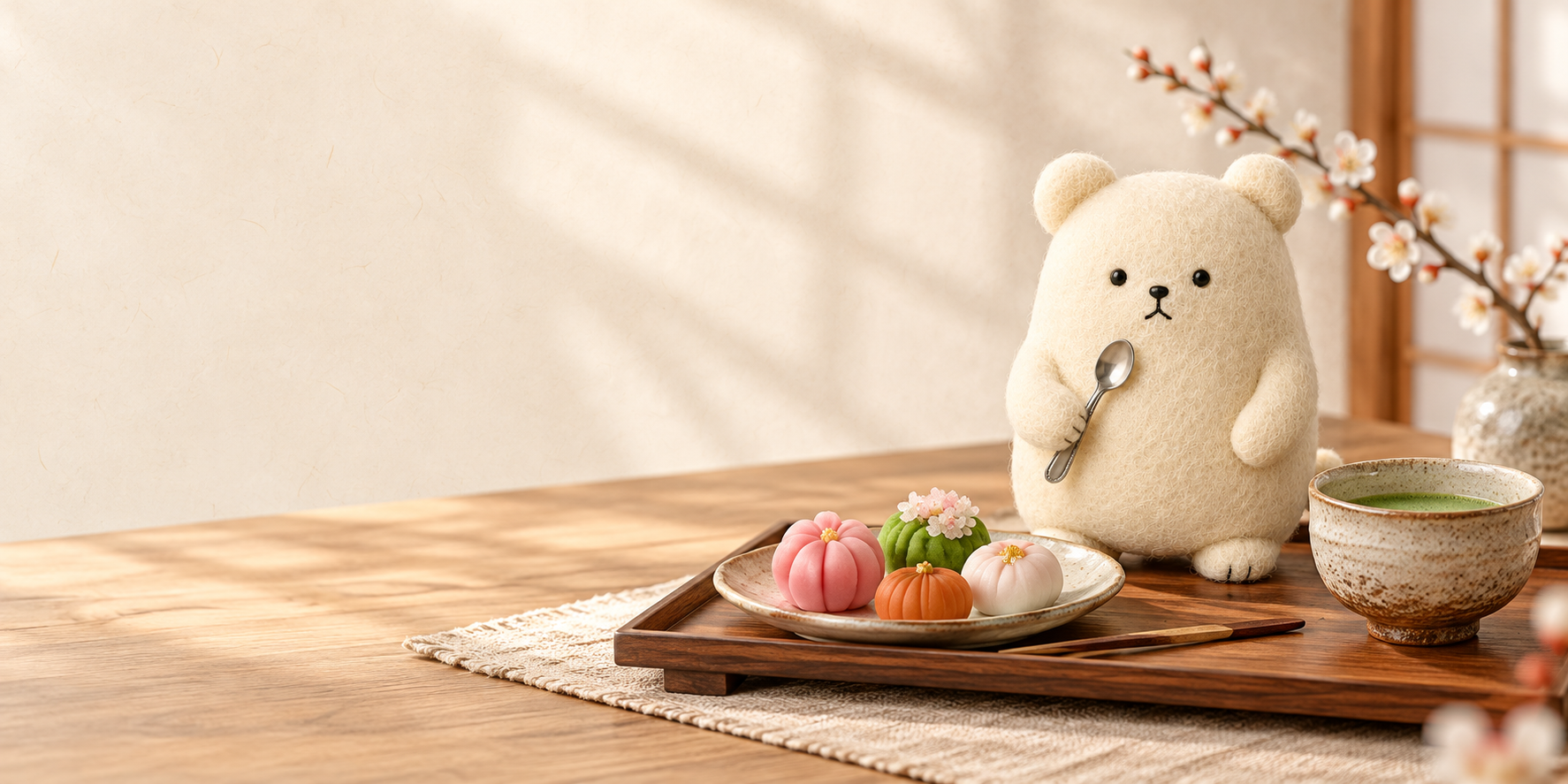 Japanese wagashi, green tea, and KUMA