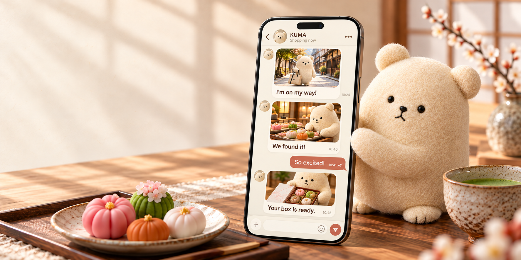 A private chat with KUMA showing photo updates from the sweets-shopping journey
